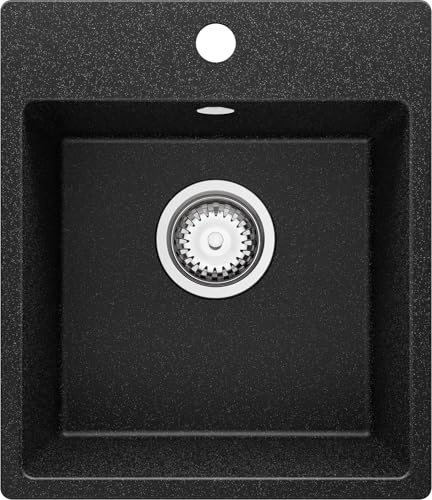 PRIMAGRAN Evier Cuisine en Granit au Meuble 40cm + Kit de Vidage, 38x44cm | Set: Kit de Vidage (Siphon, bonde d’évacuation, trop-plein) + Lavabo 1 Bac - Riga, Graphite