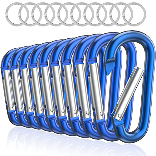 Sprookber 3 Aluminum Carabiner D Ring, Caribeener Clips, Spring Snap Hook for Keychain Clip, Set of 10 (Blue)