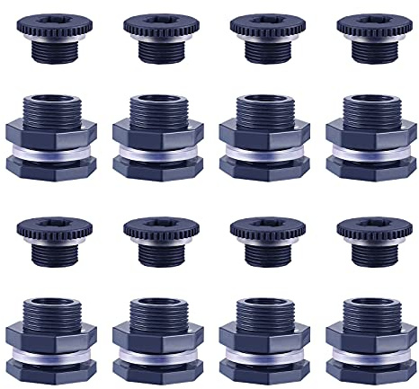 Aulufft 8 Pcs 3/4 Inch Bulkhead Fitting Gasket Bulkhead Water Connector Double Threaded PVC Bulkhead Adapter with Plugs for Rain Barrels,Aquariums,Water Tanks,Tubs,Pools