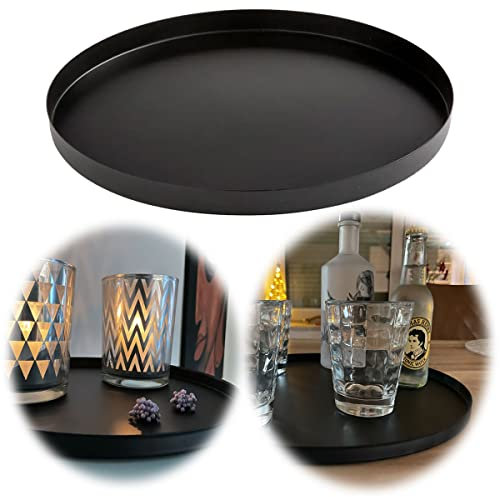 LS-LebenStil XL Metall Kerzentablett Schwarz 30cm Rund - Dekotablett mit Rand - Kerzenteller Dekoteller Serviertablett Weihnachten Advent Tisch Deko Tablett für Geschenke Dekoration Untersetzer
