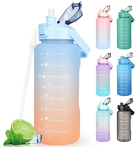 CodiCile 2L Trinkflasche BPA Free Sport Getränke Krug mit Zeitmarkierung & Lock Abdeckung, 2000ml Auslaufsichere Motivations Wasserflasche mit Strohhalm, Tragbarer Griff Blau Trinkflasche