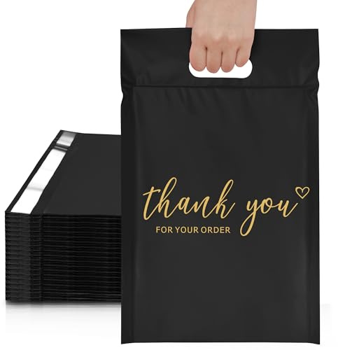 JinRuiKJ Poly Mailers with Handle 10x13 Inch 100 Pcs, Easy to Carry Packaging Bags for Small Business, Thank You Shipping Bags with Self Adhesive Strip, Tearproof and Waterproof - Black