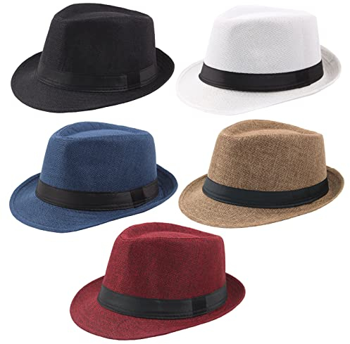 Ultrafun Fedora Sonnenhut, kurze Krempe, klassisch, Sommer, Strand, Sonnenhut, Panama-Kappe für Männer und Frauen, Größe M, L, 5 Stück, 5er-Pack, Schwarz + Weiß + Khaki + Blau + Weinrot, Large