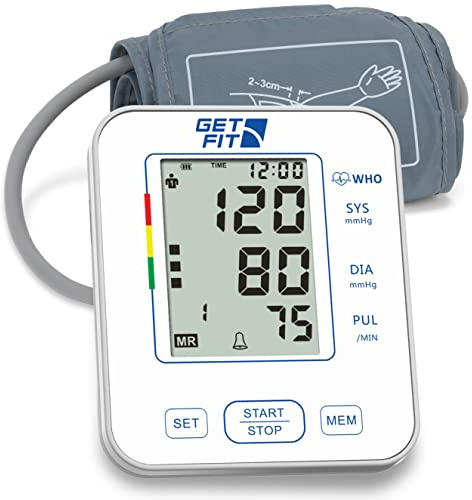 Get Fit Tensiómetro para Uso Doméstico - Tensiómetro Médico de Brazo - Pulsómetro - Memoria 2x99 - Brazalete Grande para Adultos - Esfigmomanómetro con Pantalla LCD - Blanco - 22-32cm