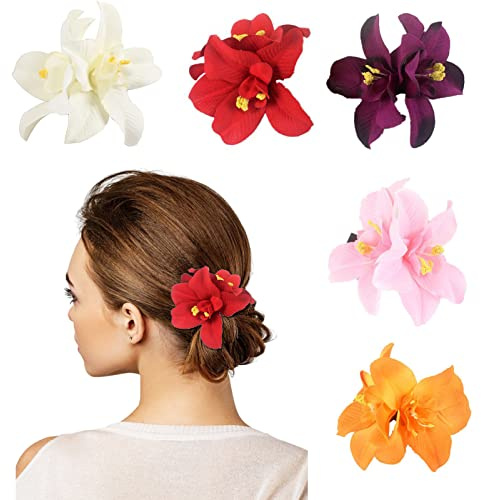 Hifot 5 st hawaiianska blommor hårklämmor, kvinnor flickor hårnålar, dubbla orkidéer krokodilklämmor, hårtillbehör för kvinnor fest strand bröllop, tropisk maskeradaccessoar