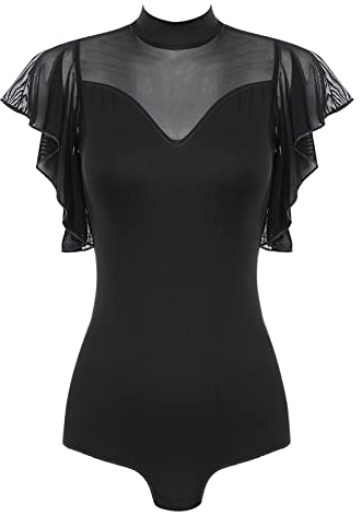 TiaoBug Damen Ballett Trikot Netz/Mesh Spleiß Body Ärmellos Ballettanzug Sport Tanz Bodysuit Rückenfrei Gymnastikanzug Kurz Overalls Jumpsuit Schwarz B S
