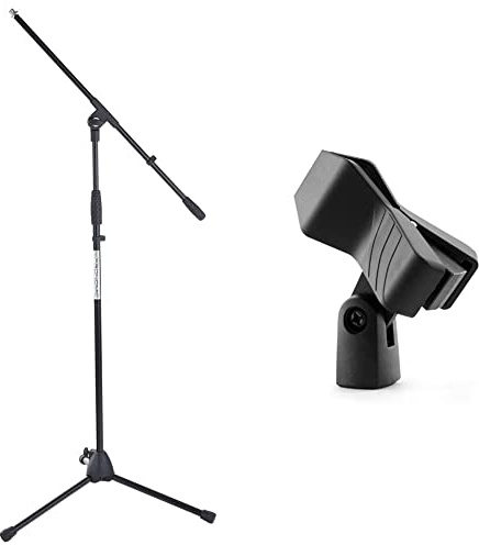 Pronomic MS-116 Mikrofonständer mit Galgen (schwarz) & TIGER MCA88-BK Universal Mikrofonhalter - Qualitätvoller Springfeder-Mikrofonclip - Schwarz