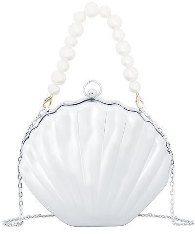 Meliyya Damen Muschel Clutch Acryl Handtasche Perlen Handgriff Kette Abendtasche Hochzeit Cosplay Mermaid Schultertasche Umhängetasche, Silber