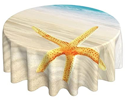 Gartentischdecke Strandseesterne Und Meere, Ozeane, Blauer Himmel, Muscheln Im Sand Rund Tischdecke Pflegeleicht Wachstischdecke 152Cm Für Garten Outdoor Picknick