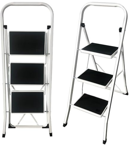 3 Tread Step Ladder Folding Step Stool, Foldable 2 Step Ladder Compact Heavy Duty Steel Portable with Anti-Slip Stable for Kitchen Home Adult, Sturdy & Lightweight DIY Stepladder with Wide Pedal