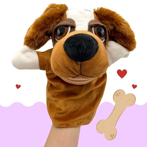 PLAYZOCO Marionnette main en peluche de chien, marionnette à main de chien, Finger Puppet, Marionnette animaux, jouet éducatif, matériau coton peluche et polypropylène, taille 25 cm, motif chien