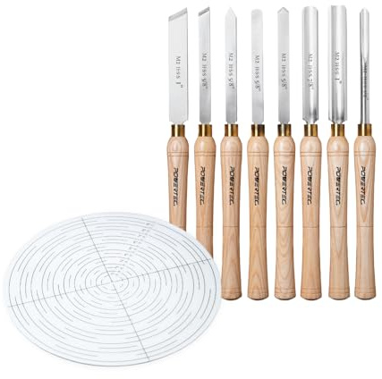 POWERTEC 8 Pcs Wood Lathe Chisel Set with 10 Center Finder Compass, HSS Steel Blades Wood Lathe Tools for Woodworking | Lathe Tools for making Vase, and Wood Art (71998)