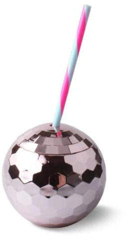 Greensen Disco Ball Becher mit Strohhalm 580ml Glitzer Discokugel Trinkbecher, Retro Disco Party Becher, Rosa