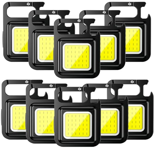 MVIOCS Llavero COB recargable, paquete de 10 – Mini linternas LED multifuncionales portátiles luz de trabajo con 4 modos, llavero de luz impermeable para camping, senderismo, al aire libre, emergencia