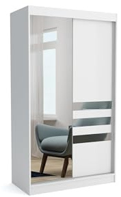 Brent - Kleiderschrank mit Spiegel Henry, 120cm Breit, Schlafzimmerschrank mit 1 Kleiderstange und Einlegeböden für Kleidung, Kleiderschrank Weiß