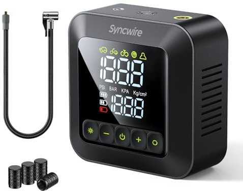 Syncwire Compressore Aria Portatile 10.35BAR Gonfiaggio 3x Veloce Elettrico Pompa d'aria per Pneumatici Car Inflator per Auto, Moto, Bicicletta e Palloni, con Tappi per Valvola Pneumatici, LCD Grande