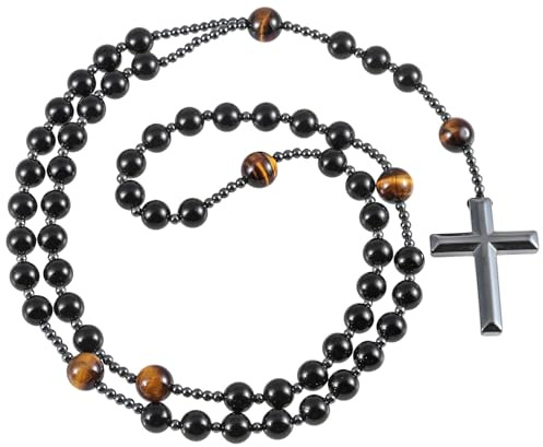 Nupuyai Hämatit Kreuz Anhänger Rosenkranz Kette Gebetskette für Herren | Edelstein Rosenkranz Perlen Kette, Katholisches Kreuz Halskette, Meditation Heilstein & Amulett Schmuck für Damen Herren