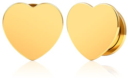 Vankula Ohr Tunnel 1 Paar Single Flared Flesh Plugs Herz Edelstahl für männer damen Ohrpiercing ohrloch dehner Schmuck 10mm(00G) Gold