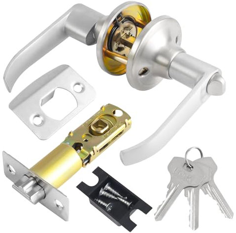Quixenta Lever Door Handle Lock with Keys, Satin Nickel Door Handle Lock, Door Lock for Interior, Bedroom Door Lock, Privacy Knob Locking Device, Security Door Locks for Entrance/Exit Access