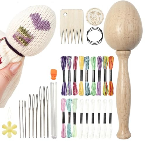 Stopfeier-Set, Holz-Stopfei, Nähwerkzeug, Reparatur mit langem gebogenem Griff, Stopfei für Socken mit großen Öhrnadeln, Nähgarn-Kits, einfaches Griff-Reparatur-Set für Zuhause