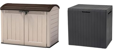 Keter Store It Out Ultra Outdoor Garden Storage Shed, 177 x 113 x 134 cm - Beige and Brown & City 113L Outdoor 96% recycled Small Balcony Garden Furniture Storage Box Grey Wood Panel