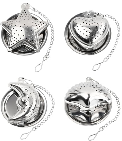 4 Filtre à Thé Trou Fin, Infuseur Thé Inox Filtre à Thé, Boule à Thé avec Chaîne, 4 Formes - Étoile, Lune, Coquillage, Cœur pour Infuser Le Thé en Vrac, Épices pour Mug/Tasse/Théière/Verre