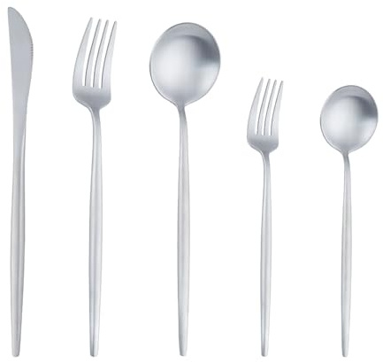 Buyer Star Matte Silber Besteck Set, 5 Stück Edelstahl Besteck Set Gold Matt für Haus Küche Restaurant Parteien, Essbesteck Set Mit Gabeln Löffeln Messern Spülmaschinenfest
