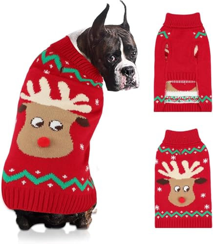 HYLYUN Weihnachten Hund Pullover - Rentier Schneeflocke Outfits Mit Leine Loch, Klassische Rollkragen Hundekleidung für Welpen und Medium Hunde