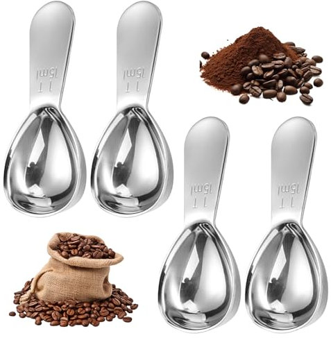 Sxutop 4 Pezzi Cucchiaino da Caffè Graduato in Acciaio Inox Cucchiaio Misurino Manico Corto Dosatore per Caffè con Manico Ergonomico Misurini da Caffè da 15 ml per Caffè Zucchero o Farina(Argento)