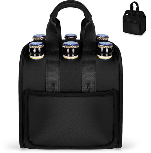 Portabottiglie Birra per 6 Scomparti Borsa per Bottiglie in Neoprene per Portare con Maniglia Borsa Spesa Cestello Portabottiglie Acqua per Campeggio Viaggio Stoccaggio 23,5 x 18,5 x 13 cm(Nero)