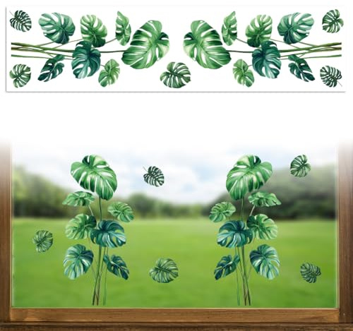 Peacoblue Adesivo statico per finestra, adesivo biadesivo per grandi finestre di vetro, 1 foglio di piante e foglie di Monstera, 120 x 30 cm, impermeabile, rimovibile, per casa, ufficio, decorazione