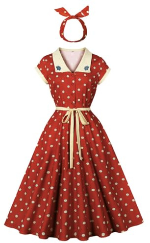 Wellwits Women's Polka Dot Floral Collar Vintage Dress | Work,Party, Smart Elegant, Non-stretchy Fabric