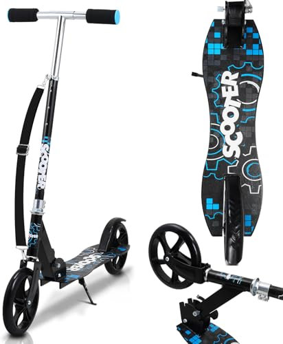 Fiqops Roller Kinder Scooter, 2 Räder Kickscooter 3 Höhenverstellbare Kinderroller,205mm Big Wheel mit Tragegurt,bis 100kg für Jungen Mädchen Kinder ab 5 Jahre, Schwarzblau