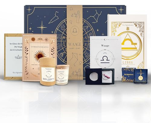 Waage Sternzeichen Geschenkset–Luxuriöse Astrologie-Box mit Duftkerze, Journal, Geburtsstein-Anhänger, Affirmationskarten & Sternzeichen-Kette -Mediation, Selbsterkenntnis, Ritual, Geschenk für Frauen