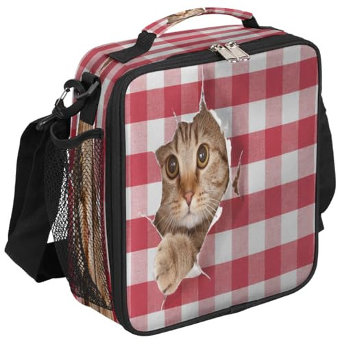 Mexpekil Bolsa de almuerzo a cuadros con diseño de gato para niños y niñas, lonchera aislada a prueba de fugas, bolsa térmica para picnic, bolsa de almuerzo para la escuela y el trabajo