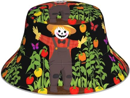 YYHWHJDE Scarecrow Planting Peppers Prints Reflective Bucket Hat Foldable Reversible for Travel, Camping, and Outdoor Activities Black, Black, One Size