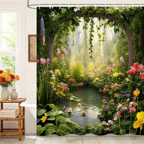 Kzzfqxb 180x180cm Shower Curtains with Plastic Hooks, Lush Green Wonder Flowers Forest Lotus in Pond Oil Painting Occluded for Bathtub, Refreshing Beautiful Garden Polyester Fabric for Bathroom