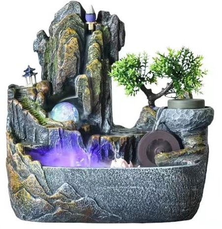 Fontana da interni Feng Shui Fontana da tavolo multifunzionale con cascata, umidificatore, ruota di cristallo e flusso profumato Home Fontana