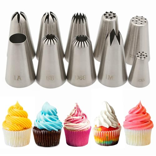 Xanewza 10er Set Profi Spritztüllen Große(1M, 2D, 2F, 4B, 6B, 1A, D66 et 233, 234, 234M) Edelstahl Tüllen Set zum Dekorieren von Torten (Spritztüllen Set #10 Stück)