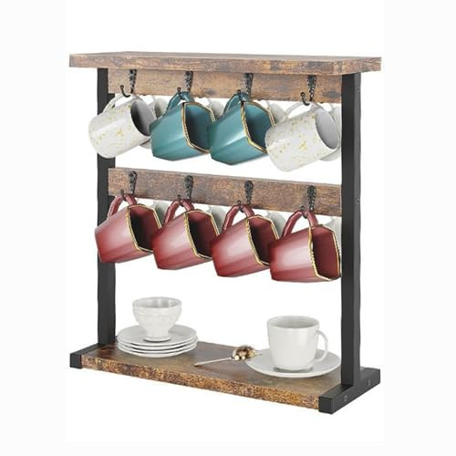 ZPVXRVQ Soporte para Tazas de Café, Estante para Tazas de Café para Encimera, Almacenamiento Rústico para Tazas con 8 Ganchos y Estantes Abiertos, Estante de Almacenamiento Independiente