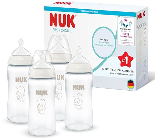 NUK First Choice Babyflaskor | 3+ månader | 240 ml | Anti-kolikmatningsflaska | Glas | Temperaturindikator | Sjöhäst | 4 stycken