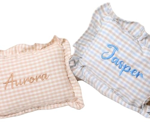 Personalized Handmade Embroidered Name Pillow-Ruffled Trim,Custom Plaid Cushion