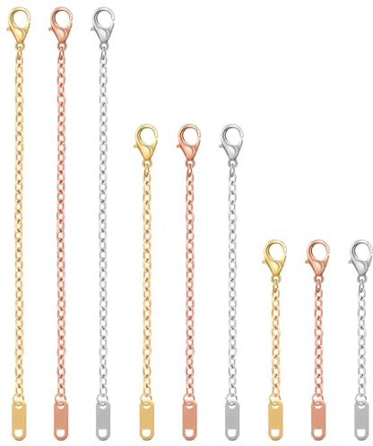 LXUEJIE 9 Pcs Necklace Extender, Rose Gold Necklace Extender, Alloy Necklaces Chain Extenders for Necklaces Bracelet Anklet, Delicate Chain Extenders (Gold/Silver/Rose Gold, 5/10/15cm)