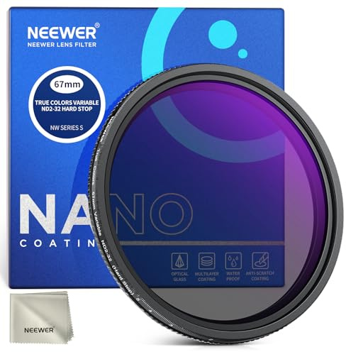 NEEWER 67mm True Colors Hard Stop Variabler ND Filter ND2-32 (1-5 Stop) begrenzter Graufilter, mehrfach beschichtetes HD Optikglas/kein X Kreuz/Aluminiumrahmen/wasserdicht/kratzfest/Anti Fingerabdruck | Limitierter Graufilter, mehrfach beschichtetes optisches HD-Glas, kein X-Kreuz, Aluminiumrahmen, wasser-/kratz