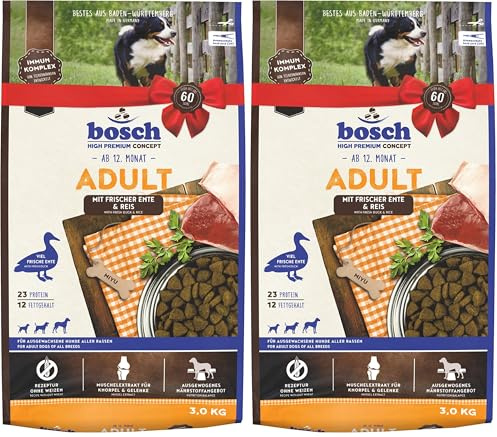 Bosch HPC Adult mit Ente & Reis | Hundetrockenfutter für ausgewachsene Hunde Aller Rassen | 1 x 3 kg (Packung mit 2)