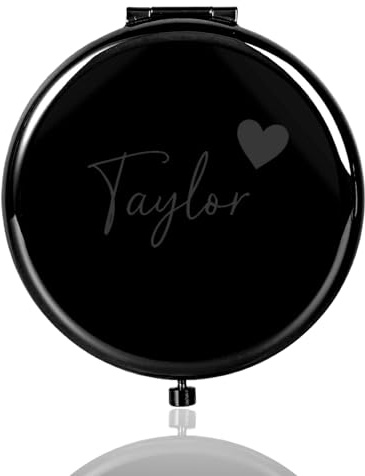 HERSTL Personalisierter Kompakter Reiseschminkspiegel, Individueller Kleiner Handspiegel Für Hochzeiten, Gravierte Taschen-Spiegel Mit 2-facher Vergrößerung, Brautjungfern-Geschenk(Black)