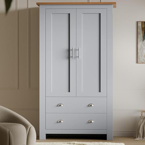 Blisswood 2 Door Bedroom Wardrobe with Shelf & Hanging Rail, Modern Wooden Clothes Organiser, Double Closet Large Storage Cupboard Unit with 2 Drawers, Double Wardrobe for Bedroom Furniture (Grey)