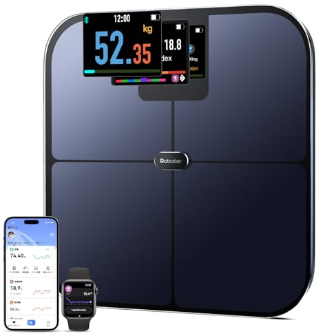 Rabater Smart Scale with Large Color Display, Digital Bathroom Scale for Body Weight BMI Muscle Mass, 25 Composition, Body Fat Scale with Heart Rate, 11.8 Large Platform, 400 lbs (Black)