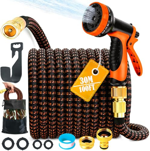 Expandable Garden Hose [100FT]: Heavy Duty 3750D 4-Layer Latex Flexible Water Hose Install in Under 90 Seconds with 10-Pattern Nozzle, Leak-Proof Kink-Free Retractable Pipe