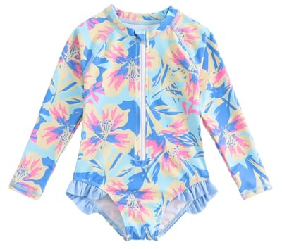 FishingDino Badeanzug Mädchen Gr.74-104, Langarm UV Badebekleidung Baby UV Kleidung, UV Kleidung Shirt Kleinkinder mit Reißverschluss & Rüschen, Blaue Blumen 3-4 Jahre/98-104